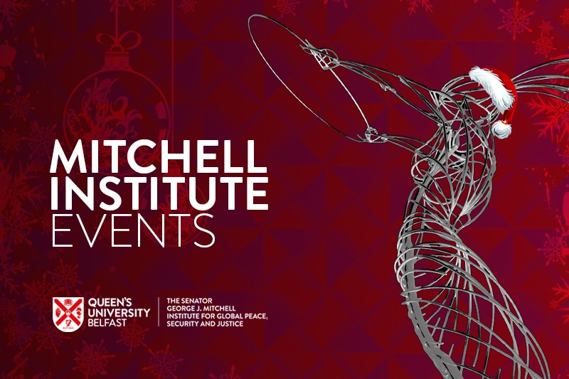 Festive promotional graphic for Mitchell Institute Events, showing Beacon of Hope sculpture in Belfast